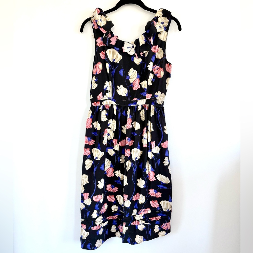 PRADA Sleeveless Silk Floral Ruffle Asymmetrical Dress Sz 44 Black Blue Pink